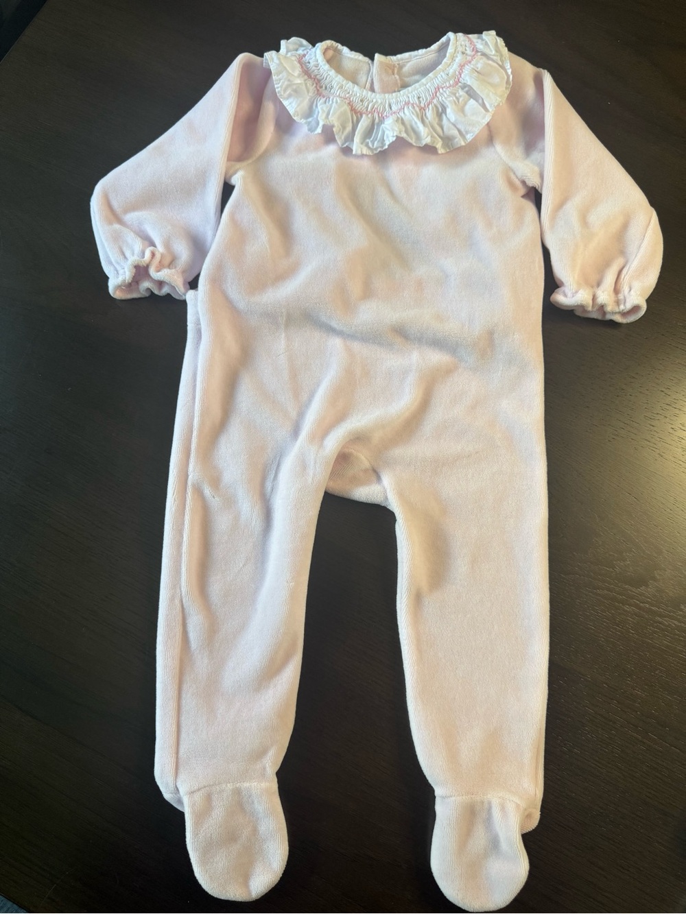 Jacadi Paris Baby Girl Pink Velour Ruffle Collar Footed Romper 12M 74cm